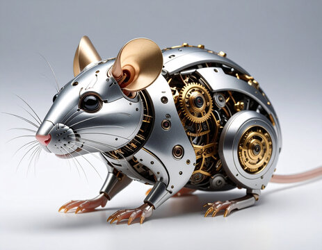 Highly Detailed Robotic Mouse with Silver Gears and Joints on Gray Background

