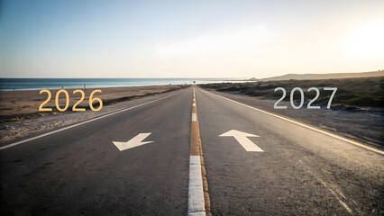 Crossroads of Time Choosing Between 2026 and 2027 on a Highway at Sunset for Decisions