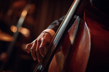 Musician plays double bass during intimate jazz performance in a dimly lit venue with warm lighting