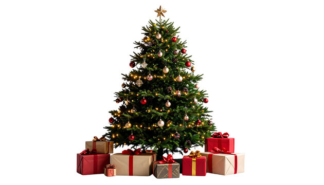 Festive Christmas tree decorated with ornaments, lights, and a star topper, surrounded by wrapped gift boxes. High-resolution PNG by Rawpixel.com