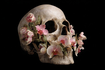 Skull adorned with delicate pink orchids showing the contrast between life and death in a striking arrangement
