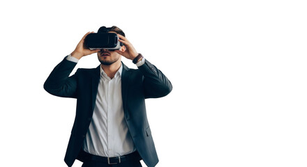 A man in a suit wearing a virtual reality headset is immersed in a digital experience, exploring futuristic technology isolated on transparent background