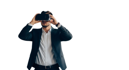 A man in a suit wearing a virtual reality headset is immersed in a digital experience, exploring futuristic technology isolated on transparent background