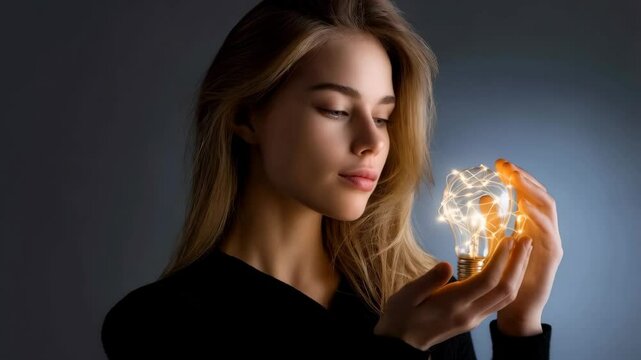 A woman holding a glowing light bulb, symbolizing an idea or innovation. She's deep in thought, looking at it with fascination