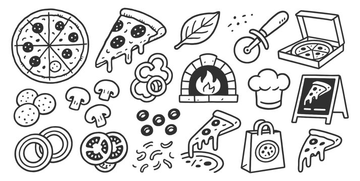 Pizza doodle icon set. Cute hand drawn sketch illustrations of slice, pepperoni, tomato, cheese, mushroom, oven. Black and white cartoon art for fast food. Vintage marker drawing collection.