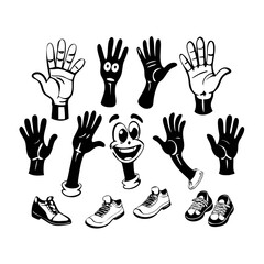 Vintage hand, foot and face. Vector set Comic groovy hands in gloves, vintage legs and foot in shoes and funny emotion black and white. Different poses arm and feet. Body parts mascot. See Less