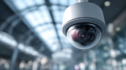Security Camera CloseUp Dome Camera With Blurred Building Interior Background