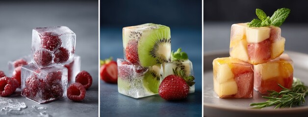Frozen fruit cubes in ice showcase vibrant colors and textures, emphasizing the freshness of assorted fruits in a minimalist style