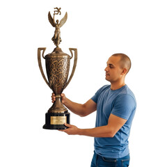 A proud man holds a large, ornate bronze trophy with a winged figure, celebrating a significant victory or championship achievement isolated on transparent background