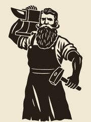 Obraz premium Blacksmith with hammer and anvil retro engraving vector illustration
