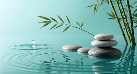 Zen stones and bamboo create a serene spa scene with water droplets and calming ripples for wellness.