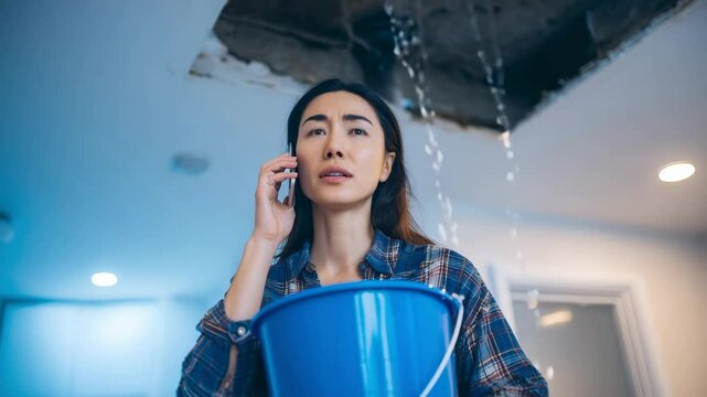 Woman calls for help as water leaks from ceiling, she holds a blue bucket to catch the drips, looking worried about property damage and potential hazards.