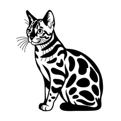 Elegant bengal cat sitting, a striking design for prints and designs. Bengal cat in silhouette showcases distinctive spots and wild appearance. Use this Bengal cat for logos or brand enhancement.