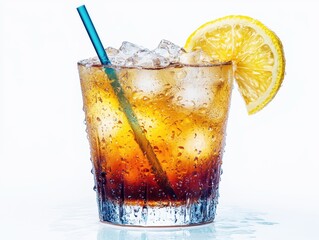 A glass filled with a chilled drink, ice cubes, and a fresh lemon slice rests on a reflective surface, creating a vibrant and inviting look perfect for summer enjoyment.