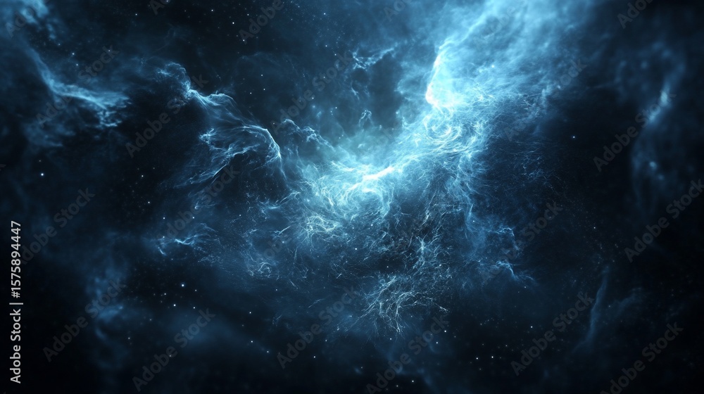 Poster abstract cosmic blue and black textured background with intricate details creating a nebula-like sce