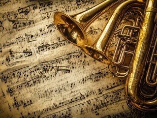 Naklejka premium A collection of brass instruments, including tubas, lies atop aged sheet music, creating a timeless atmosphere of musical creativity and history. The warm tones enhance the nostalgic feel.