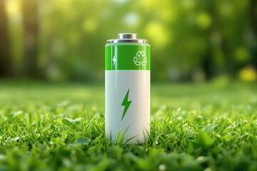 “Pile verte sur fond sombre avec une icône de recyclage. Recyclage de l’appareil électrique.