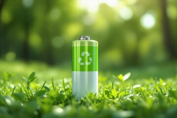 “Pile verte sur fond sombre avec une icône de recyclage. Recyclage de l’appareil électrique.