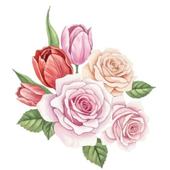 Naklejka premium A beautiful watercolor bouquet of roses and tulips on a transparent background