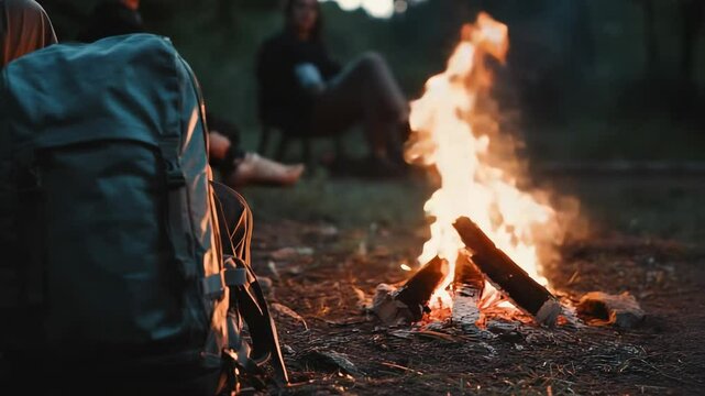 Backpack resting on the ground near a burning campfire at dusk, with blurred hikers relaxing in the background, creating a cozy and adventurous camping scene