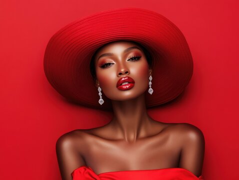 A model poses confidently against a vibrant red backdrop, wearing a wide-brimmed red hat and bold red lipstick. Her elegant earrings complement her sophisticated look, highlighting her beauty.