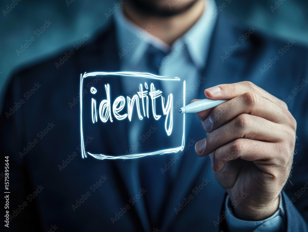 Poster a well-dressed individual uses a digital pen to write the word identity within a glowing box. the ba
