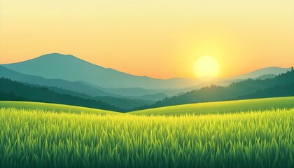 Flat vector rice field and mountain landscape, minimalist style, summer scenery, green paddy, blue hills, agriculture and farming illustration
