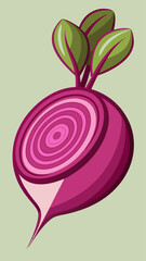 A close up of a purple radish with a green leaf on top. The radish is cut in half, revealing its inner core. Concept of freshness and natural beauty