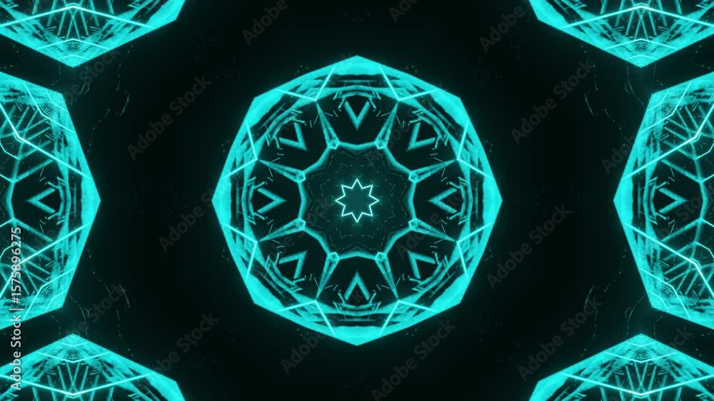 Poster bright glowing lines in 3d kaleidoscopic formation rotating on pale background, seamless loop ideal 