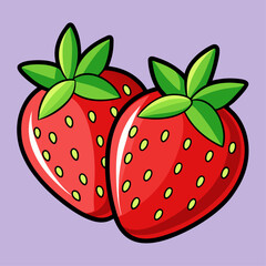 Obraz premium Two red strawberries with green leaves. The strawberries are placed close to each other. The image has a bright and cheerful mood