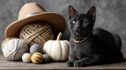 Black cat wearing a witch hat sits next to colorful pumpkins, enhancing the mysterious Halloween vibe with soft lighting and elegant decor