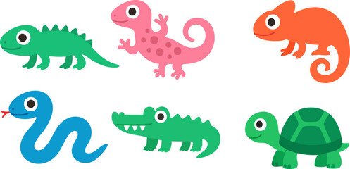 Cartoon Reptiles Collection – Cute Vector Set of Snake, Lizard, Turtle and Crocodile for Kids