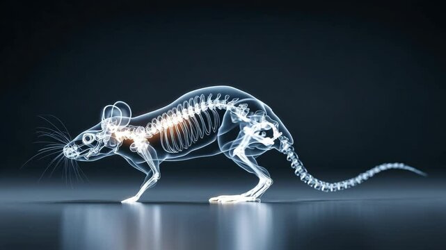 X-ray image of a rodent, revealing its bone structure in a ghostly, glowing display against a dark backdrop. Anatomy and science imagery.