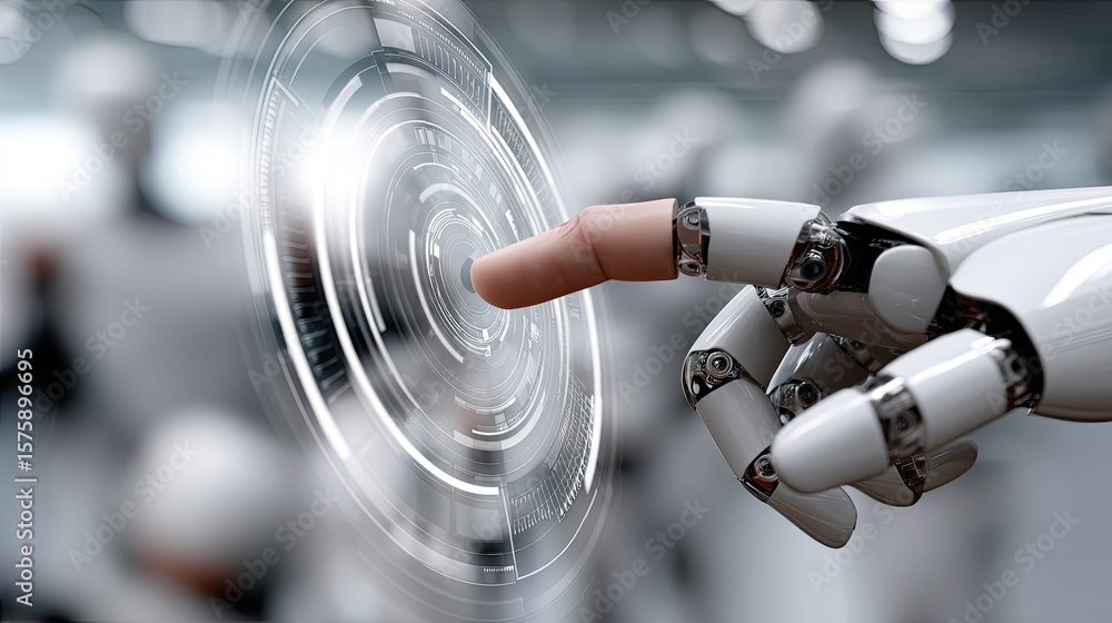Poster a robot hand delicately touches a holographic screen displaying a circular wave, showcasing advanced