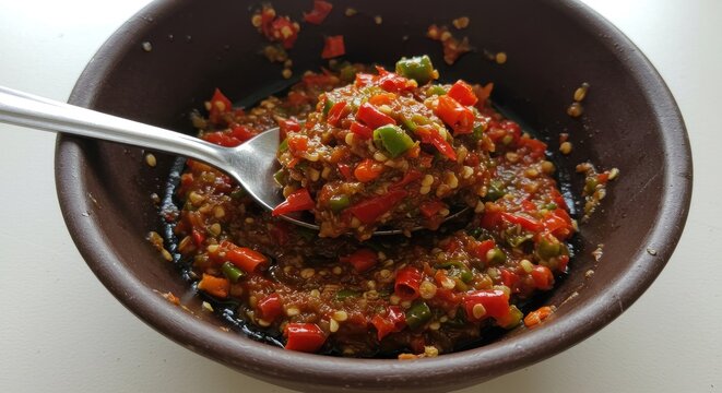 Spicy chili sauce in a dark bowl.  Spoonful taken