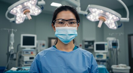 Portrait of a Confident Female Surgeon in an Operating Room, Wearing Protective Gear