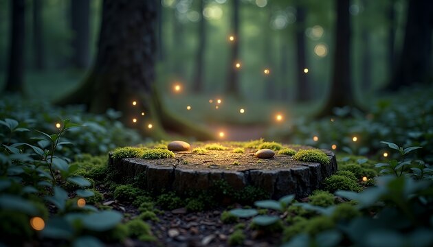 Magical Forest Scene with Glowing Lights and Mossy Tree Stump