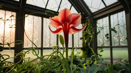Middlemist Red, one of the rarest flowers on Earth, showcased in a serene English greenhouse with delicate morning light filtering through glass.