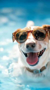 Happy dog wearing sunglasses swimming in a blue pool on a sunny day. Summer vacation and pet fun concept footage.