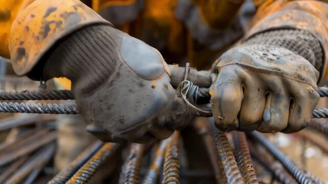 Animation of hands in work gloves fastening rebar. Applicable in construction training videos and industrial presentations.
