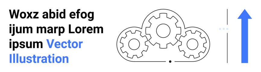 Three interlocking gears in a cloud shape with a rising arrow symbolizing growth, innovation, teamwork, and efficiency. Ideal for technology, process improvement, collaboration, productivity