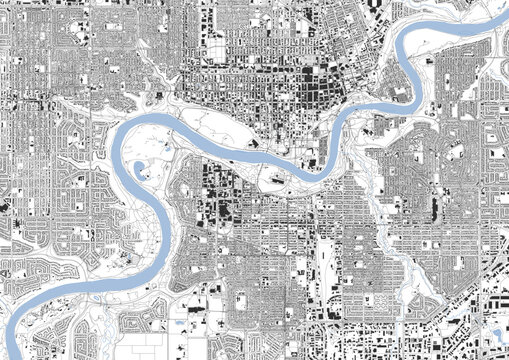 Detailed top-down map of Edmonton, Canada. Shows urban fabric with dark grey buildings, light grey roads, and blue water bodies. Highlights dense city layout and infrastructure.
