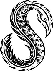 Fototapeta premium SVG of Pirate Leviathan beasts captured in a striking tattoo design. Intricate Black and White Feathered Swirl Design for Art Projects