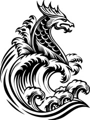SVG of Pirate Leviathan beasts captured in a striking tattoo design. Elegant Dragon Emerging from Waves in Black and White Design