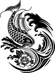 SVG of Pirate Leviathan beasts captured in a striking tattoo design. Intricate Black and White Koi Fish Tattoo Design with Waves and Flowers