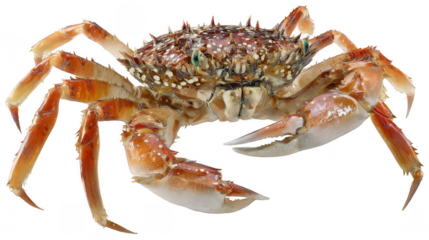 A vibrant spiny crab with mottled colors and spines is photographed on a white background, exhibiting its unique textured and claws.