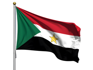 Sudan's National Flag: A vibrant depiction of Sudan's national flag, featuring its iconic colors and emblem, waving proudly against a clear sky, symbolizing the nation's spirit and identity.
