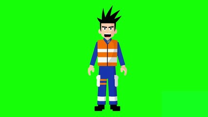Animated cartoon construction worker standing against a green screen background, talking with confident facial expression and hand gestures. Ideal for educational, safety training, or promotional cont