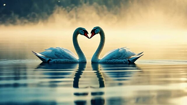 Two swans on a lake at sunrise, necks forming a heart shape, serene reflection