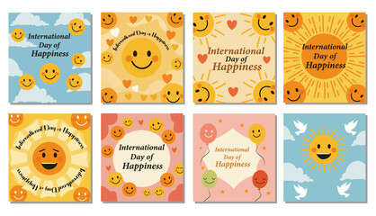 Cheerful International Day of Happiness Illustration with Smiling Faces and Clouds